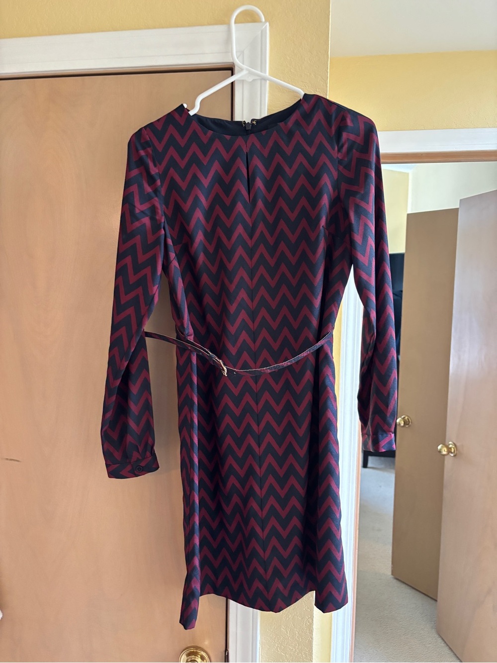 The Limited Chevron Long-Sleeve Shift Dress in Burgundy and Navy